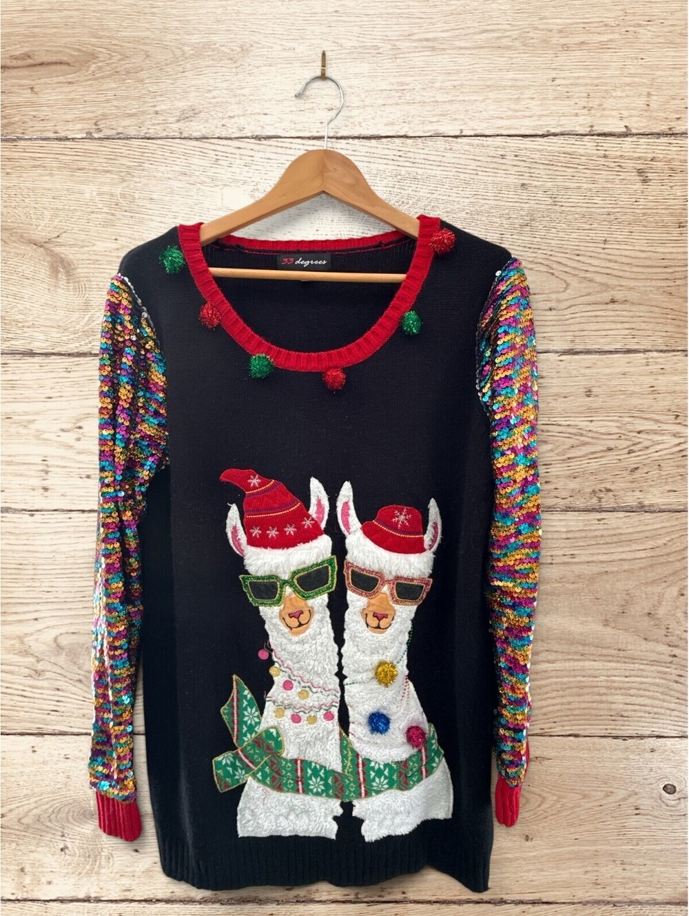 33 Degrees XXL Llama Ugly Christmas Sweater Sequin Sleeves 3D Holiday